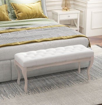 Banco Pé de Cama com Pés de Madeira e Assento Acolchoado Capacidade 120 kg Banco de Estilo Vintage para Dormitório Entrada Corredor 110x37x49 cm Creme