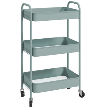 Carrinho Auxiliar de 3 Níveis com Rodas Carrinho de Armazenamento Deslizante com 3 Prateleiras 4 Rodas e 2 Travões para Cozinha Sala 45x30.6x79 cm Azul Claro