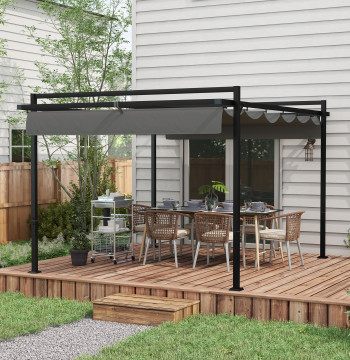 Pergola 3x4 Pergola de jardin avec plafond en polyester rétractable et 12 orifices de drainage Pergola pour balcon extérieur de cour gris