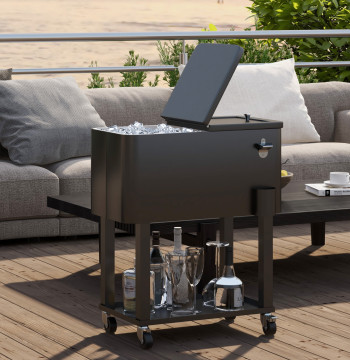 Carrinho Refrigerador de Bebidas de 56L Carrinho Refrigerador com Rodas Abridor de Garrafas e Prateleira para Pátio Festas Terraço Praia 67x35x80 cm Preto