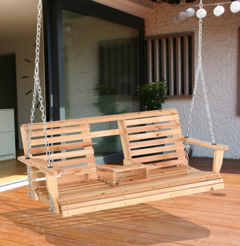 Balance de 2-3 Places Banque Suspension de Madère avec Centre pliable Table 2 Porte-gobelets et accoudoirs Capacité 200 kg pour Jardin Terrasse 150x75x53 cm Naturel