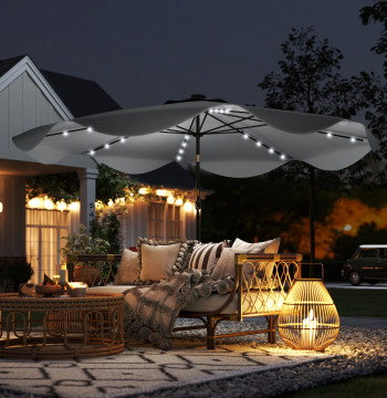 Cappello da sole da giardino Ø292x248 cm Cappello da sole con Manivella 32 luci a LED solari e 8 canne per patio esterno balcone grigio scuro
