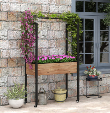 Horta Elevada com Rodas Horta Urbana Elevada com Treliça Orifícios de Drenagem para Plantas Trepadeiras Flores 110x49x190 cm Marrom