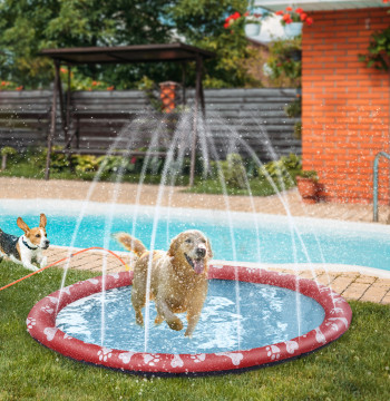Tapis d'eau Splash Pad avec pulvérisateur Ø170 cm Anti Splash Tapis Piscine Portable pour chiens rouges