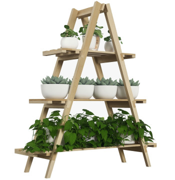 Soporte de madera para plantas plegables Estante Decorativo para Vasos de 3 Niveles con estructura en forma de A para Jardín Pátio Varanda 100x36x112 cm Natural