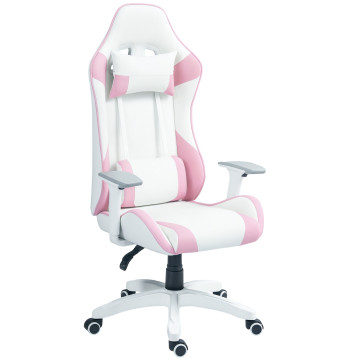Chaise de jeu inclinable chaise de spinning avec accoudoirs réglables Coussin Lombar Tête réglable et maintien en hauteur pour bureau 67x60x120-128 cm Blanc et rose