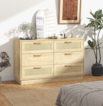 Cómoda para Quarto Cómoda de Madeira com 6 Gavetas de Vime Estilo Boêmio Cómoda para Corredor Sala de Estar Escritório 110x40x69 cm Carvalho
