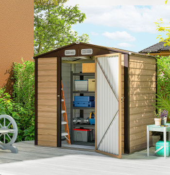 Casota de Jardín Exterior, 2,27 m2 190x131x188 cm, Abrigo Metálico de Jardín con 2 Ventilaciones, Puerta con cerradura, para almacenamiento de herramientas, Carvalho