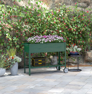 Horta Vertical Elevada de Metal Horta Vertical com Rodas Alça Lateral e Prateleira Inferior para Cultivo de Plantas Flores 109x44x80 cm Verde