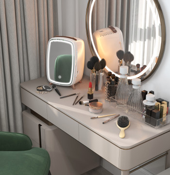 Mini Réfrigérateur cosmétique 6L Réfrigérateur 9V avec porte miroir et lumière LED réglable en 3 niveaux pour les boissons de beauté 24,3x19,4x35,6 cm Blanc