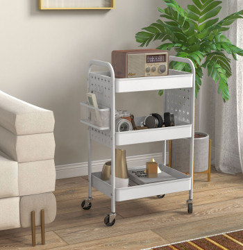 Carrello ausiliario con ruote in acciaio Carrello di stoccaggio con 3 vassoi 2 cestini di sospensione e 6 ganci per cucina Bagno 53.5x30.5x75 cm Bianco