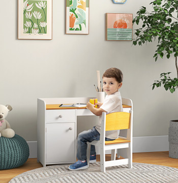 Conjunto de Secretária e Cadeira para Crianças Secretária Infantil com Cadeira Conjunto Infantil de 2 Peças com Gaveta e Armário para Quarto Sala Branco e Natural