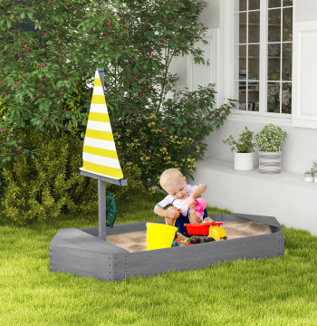 Scatola di sabbia per bambini di Madeira Scatola di sabbia per bambini con bandiera e Helm in forma di vela per il giardino del cortile 190x90x138 cm Grigio scuro