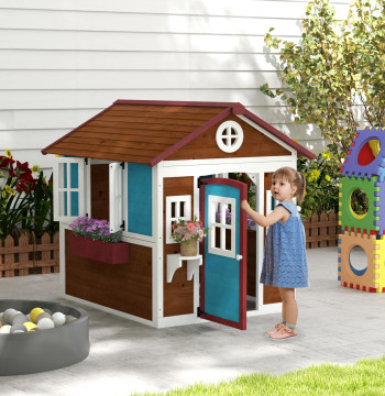 Giocare casa per giardino casa di legno per bambini con finestra porta e fiorista 114x126.5x135 cm marrone scuro