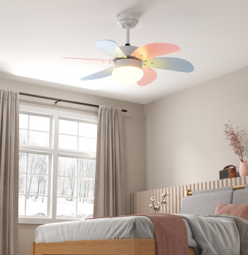 Ventoinha de Teto com Luz 34W Ø82,5 cm Ventoinha de Teto Silencioso com 6 Lâminas Reversíveis Controlo Remoto 6 Velocidades e Temporizador para Quarto Sala Multicolor