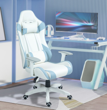 Silla Gaming Reclinable Silla Gamer Giratoria con Almohada Lombar Apoyos de Brazos ajustables Apoyo de Cabeza Basculante y Altura ajustable para Oficina 67x60x120-128 cm Blanco y Azul