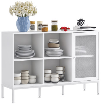 Aparador de cocina moderno móvil Auxiliar con Puerta de Malha 4 Compartimientos Abiertos y Estante ajustable para Sala 120x37x81,5 cm Blanco