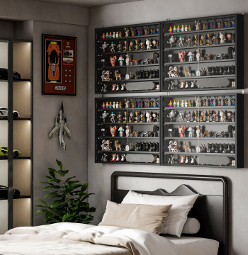 Vitrine de Parede de Madeira com Prateleiras Ajustáveis e 2 Portas Corredeiras de Vidro para Coleções Perfumes Bonecos de Decoração 80x9,5x60cm Preto - Modelo 1