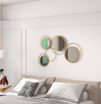 3D mur en métal miroir décoratif mur en métal décoration avec 4 miroirs ronds pour chambre couloir 110x68 cm doré
