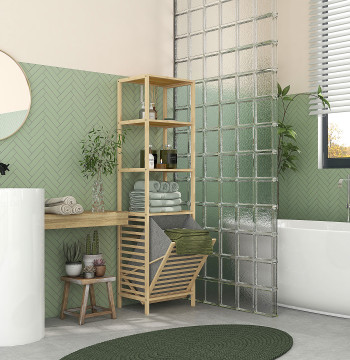 Estante de Casa de Banho em Bambu Estante de Armazenamento de Casa de Banho com 3 Prateleiras e 1 Cesto para Roupa Suja Removível 44x33x160 cm Natural