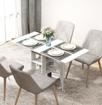 Mesa Dobrável com Asas Dobráveis Mesa de Cozinha com 2 Rodas e Prateleiras Estilo Moderno 120x60x75 cm Branco