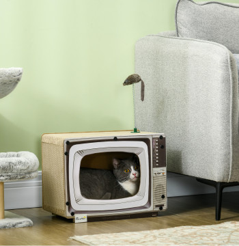 Inicio de tarjeta para gatos Casa para gatos en forma de Televisor con ratón de Juguete Centro de Actividades para Animales de Estimación 43x23x32,5 cm Areia