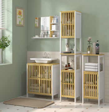 Cabinet Salle de bain mobile Salle de bains auxiliaire avec 1 plateau ouvert 1 porte et 1 plateau réglable 32x30x90.5 cm naturel et blanc