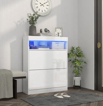 Móvil Sapateira de Entrada Armário Sapateira con Luces LED Estantera Espacio abierto y 2 Gavetas Basculantes para 12-16 Pares de zapatos 80x24x99,5 cm Blanco Brillante