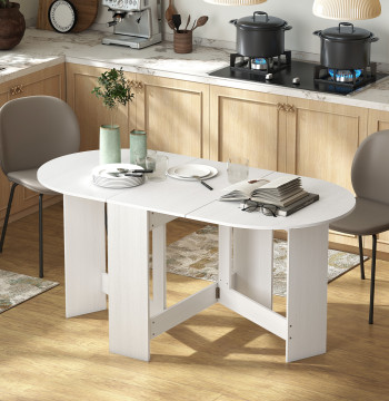 Mesa de Cozinha Dobrável Mesa de Jantar Dobrável Ovalada com Laterais Abatíveis Estilo Moderno 163x80x75 cm Branco