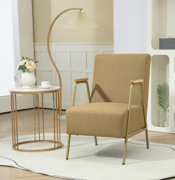 Poltrona de Sala Poltrona Individual com Apoios de Braços Estrutura em Aço Dourado Estilo Moderno para Sala de Estar Quarto 62x81x92 cm Castanho