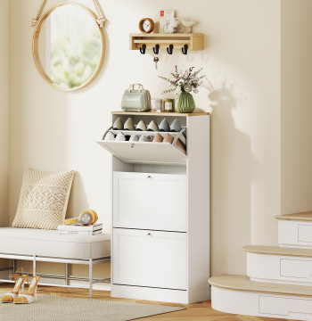 Móvil Sapateira de Entrada Armário Sapateira Moderno con 3 Gavetas Basculantes y Prateleiras Ajustables para 18 Pares de Zapatos para Corredor Entrada 60x23,5x115 cm Blanco
