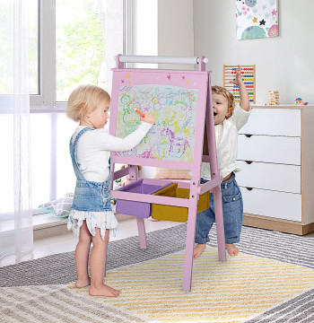 Cavaliere bambino 3 in 1 Cavaliere d'arte per bambini con struttura a scorrimento di carta e 2 Cestini di stoccaggio 58.5x50.5x118 cm Rosa