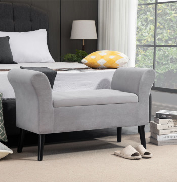 Banco para Pé de Cama Estofado em Veludo Banco de Armazenamento Acolchoado com Tampa Apoio para os Braços Pés de Madeira para Dormitório Sala de Estar 111,5x41x65cm Cinza Claro