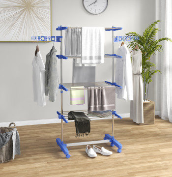 4 niveaux pliables Vestes verticales étendues avec 6 roues 2 latéraux pliables réglables et structure en acier inoxydable pour intérieur et extérieur bleu