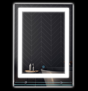 Espelho de Casa de Banho com Luzes LED 70x50 cm, Espelho para Casa de Banho com Moldura de Alumínio, Interruptor Tátil e Prateleira de Vidro para Sala de Estar, Entrada, Prata.