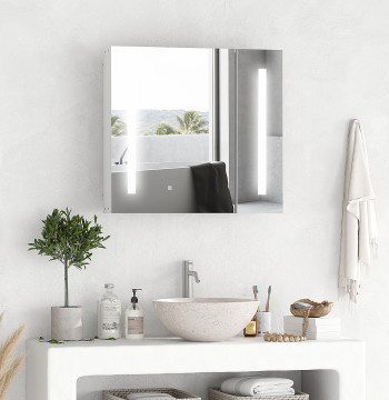 Armário com Espelho de Casa de Banho com Luz LED Armário de Casa de Banho Suspenso com 2 Portas e Interruptor Tátil Estilo Moderno 70x15x65 cm Branco