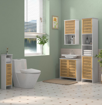 Móvil para Lavatorio Móvil Bajo Lavatorio Moderno con Puertas Magnéticas de Bambu y Estante Ajustable 60x30x60 cm Blanco y Madeira
