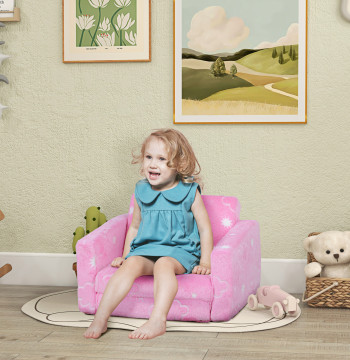Poltrona para Crianças Dobrável Sofá Infantil Reclinável 2 em 1 Sofá para Crianças Estofado em Tecido Luminoso com Desenho de Nunes e Capa Lavável para Dormitório Sala de Estar Rosa