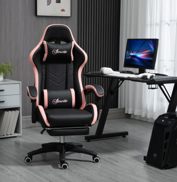 Chaise de jeu PU Leather Racing Gamer Chaise avec inclinable réglable Hauteur 135° Support de tête et Retractable Feet Support pour Studio de bureau 65x65x121-129 cm Noir et rose