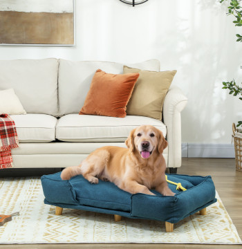 Sofá para Cães Grandes Cama Elevada para Cães com Pés de Madeira e Almofada Lavável Cama para Animais de Estimação Carga 30 kg 96x66x24 cm Azul Escuro
