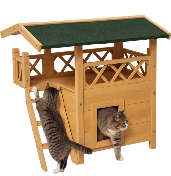 Casa per Gatti di Legno 77x50x73 cm Casa per Gatti con 2 Livelli con Asfalto Ceiling Terrazza Circondata Grotta e Scala per Interni ed Esterni Madeira