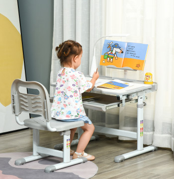 Conjunto de Secretária e Mesa para Crianças acima de 6 Anos Secretária Infantil com Altura Ajustável Mesa Inclinável Lâmpada Gaveta e Prateleira para Livros Cinza