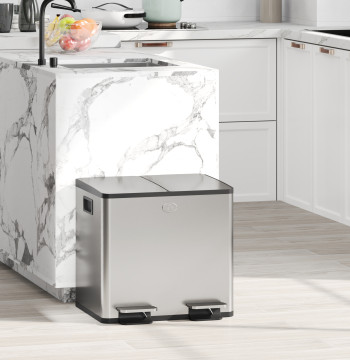 Cubo della spazzatura dell'acciaio inossidabile con 2 scomparti 2x15L Cubo di chiusura morbida del pedale e Cubo rimovibile per l'ufficio della cucina d'argento