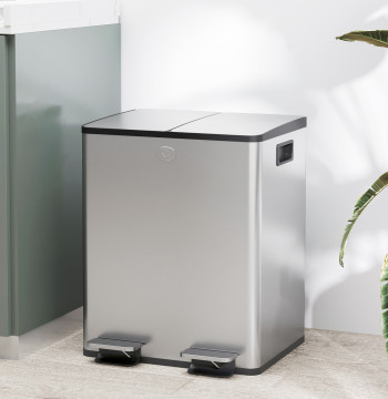 Seau de déchets de cuisine avec 2 compartiments 2x20L en acier inoxydable Cube d'ordures avec couvercle de verrouillage souple de pédale et Cube amovible pour bureau de cuisine en argent