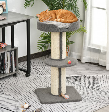 Arranhador para Gatos Altura 91 cm Arranhador para Gatos de 3 Níveis com Ninho Plataforma e Poste de Sisal 45x45x91 cm Cinza