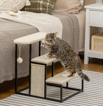Escalier pour chiens de 3 niveaux Escalier pour animaux de compagnie avec 3 étapes Panneau de suspension pour la structure en acier 47x45x47 cm Crème et noir