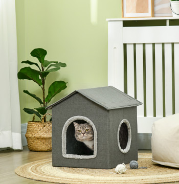 Casa para Gatos Cama para Gatos Caverna para Gatos com 2 portas e Almofada Lavável 39x43,5x40,5 cm Cinzento