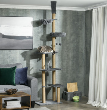 Sol Cat Scratcher au plafond de 230-250 cm Cat Scratcher avec hauteur réglable Plates-formes multiples Réseau Balles suspendues Gris