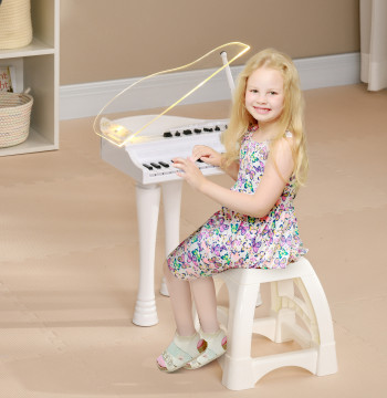 Piano Eletrónico para niños con 32 Teclas Piano con Microfone Banco Luzes 22 Músicas 4 Tons Pés Amovibles y Volumen Ajustable 37x30,5x60,4 cm Blanco