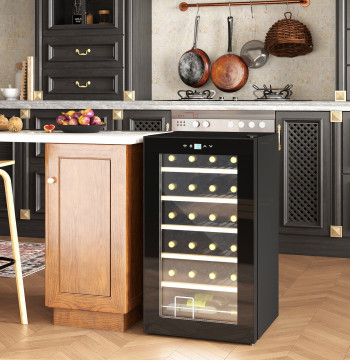 Grotte de vin pour 24 bouteilles Grotte de vin 65L avec écran intérieur lumineux LED Table numérique de température supérieure porte en verre et 5 feuilles en métal noir